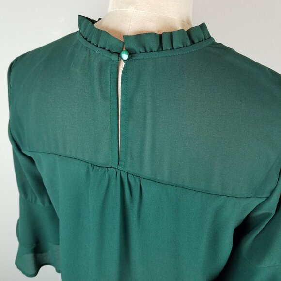 Monteau Emerald Green Chiffon Blouse 3/4 Flared Sleeve Blouse w/Ruffle * Medium - Picture 5 of 7
